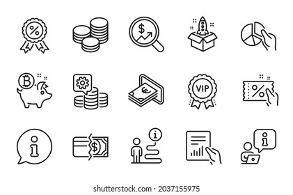 Finance icons set. Included icon as Discount medal, Bitcoin coin, Payment methods signs. Currency audit, Document, Tips symbols. Cash, Startup, Making money. Pie chart, Vip award. Vector