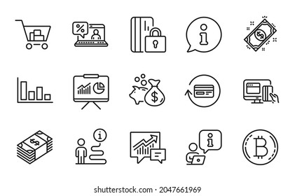 Finance icons set. Included icon as Online payment, Refund commission, Internet shopping signs. Blocked card, Bitcoin, Accounting symbols. Loan, Presentation, Online loan. Payment. Vector