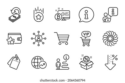 Finanz-Symbole gesetzt. Einschließlich Symbol als World Statistics, Vip Shopping, Sale Tags Zeichen. Lüftermaschine, Marktverkauf, Netzwerksymbole. Niedrige Prozent, Bitcoin-System, Treueprogramm. Kehrt zurück. Vektorgrafik