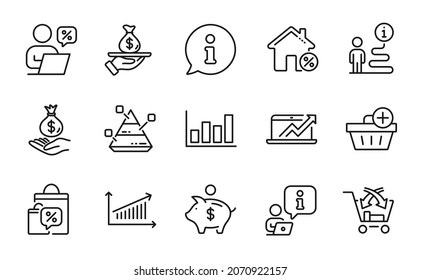 Juego de iconos de finanzas. Icono incluido como Dinero de ingreso, Venta cruzada, Carteles de la casa de préstamo. Gráfica, gráfico pirámide, Símbolos de bolsas de venta. Piggy bank, descuentos en línea, Préstamo. Diagrama de informes, Agregar compra. Vector