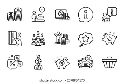 Finance icons set. Included icon as Online shopping, Currency, Piggy sale signs. Discounts chat, Contactless payment, Manager symbols. Loyalty points, Shop cart, Loyalty star. Car leasing. Vector