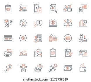 Finance icons set. Included icon as Decreasing graph, Businessman case and Cross sell web elements. Currency rate, Trade chart, Credit card icons. Private payment, Survey checklist. Vector