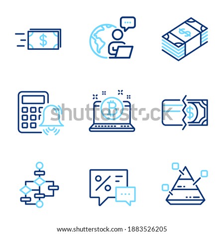 Finance icons set. Included icon as Pyramid chart, Usd currency, Money transfer signs. Payment methods, Block diagram, Bitcoin symbols. Calculator alarm, Discounts line icons. Line icons set. Vector
