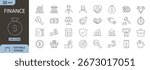 Finance icons set. Includes icons for money, currency, savings, investment, budget, cash, wallet, credit, payment, and banking. Editable stroke line icons. Perfect for accounting, business, and econom
