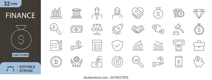 Finanzsymbole festgelegt. Umfasst Symbole für Geld, Währung, Ersparnisse, Investitionen, Budget, Bargeld, Geldbörse, Kredit, Zahlung und Bankwesen. Bearbeitbare Strichliniensymbole. Perfekt für Buchhaltung, Business und Wirtschaft