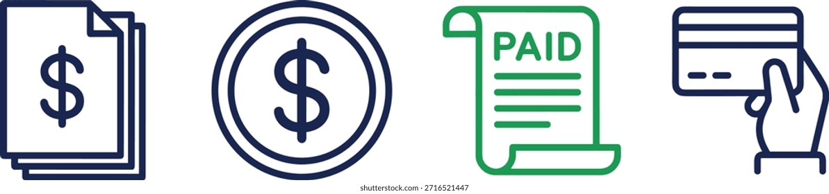 Conjunto de iconos de finanzas, símbolos de Factura y pago, moneda de dólar, Comprobante pagado, transacción de tarjeta de crédito, Ilustración vectorial para uso comercial