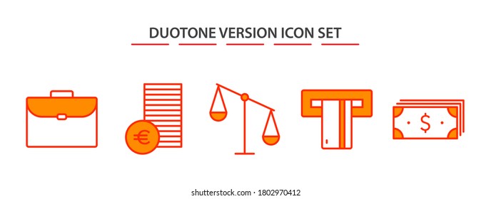 Finance icons set isolated on white background. Briefcase, Coins, Justice, Payment and Money. For mobile concepts, Web apps and UI UX. Vector illustration.