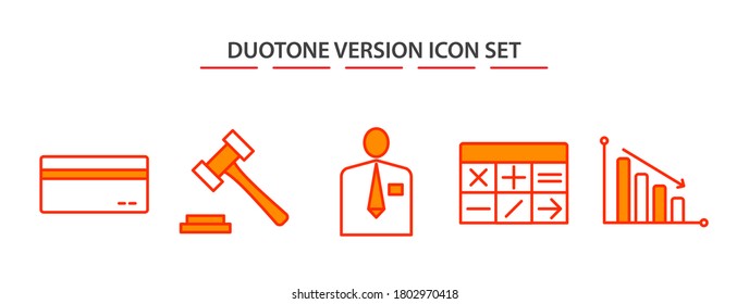 Finance icons set isolated on white background. Card ATM, Auction, Businessman, Calculator and Graph Decrease. For mobile concepts, Web apps and UI UX. Vector illustration.