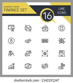 Finance icons. Set of line icons. Bitcoin, currency, payment. Finance concept. Vector illustration can be used for topics like banking, money, saving