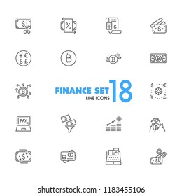 Finance icons. Set of line icons. Bitcoin, currency, payment. Finance concept. Vector illustration can be used for topics like banking, money, saving