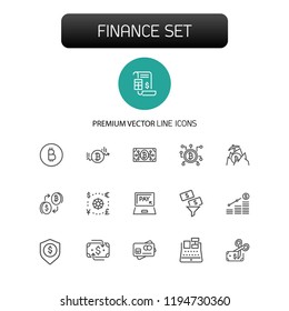 Finance icons. Set of line icons. Bitcoin, currency, payment. Finance concept. Vector illustration can be used for topics like banking, money, saving