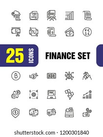 Finance icons. Set of line icons. Bitcoin, currency, payment. Finance concept. Vector illustration can be used for topics like banking, money, saving