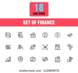 Finance icons. Set of line icons. Bitcoin, currency, payment. Finance concept. Vector illustration can be used for topics like banking, money, saving