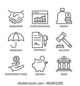 conjunto de iconos financieros, línea, color negro