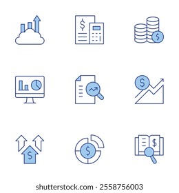 Finance icons set. Line Duotone style, editable stroke. research, business intelligence, line graph, financial profit, allocation, budget, coins, profit, audit.