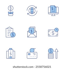 Finance icons set. Line Duotone style, editable stroke. billing, money, trade, liability, time is money, corporation, profit, salary, budget.