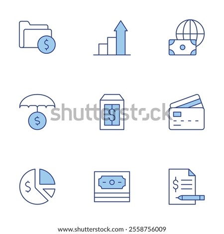 Finance icons set. Line Duotone style, editable stroke. money, credit card, analytics, investment insurance, pie chart, finance, account, price tag.