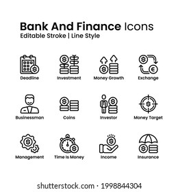 Finance Icons Set Line Style. Investment, Currency, Insurance And More. Editable Stroke. Design Element Vector Illustration