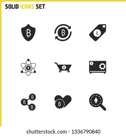 Finance icons set with litecoin cart, bitcoins and ethereum atom elements. Set of finance icons and badge concept. Editable vector elements for logo app UI design.