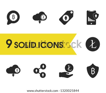Finance icons set with message bitcoin, arm litecoin and download litecoin elements. Set of finance icons and comment concept. Editable vector elements for logo app UI design.