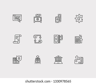 Finance icons set. Mobile payment and finance icons with payment secure, tax calculator and money transfer. Set of sale for web app logo UI design.