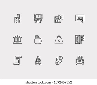 Finance icons set. Mobile payment and finance icons with debit, deposit and bank atm. Set of building for web app logo UI design.