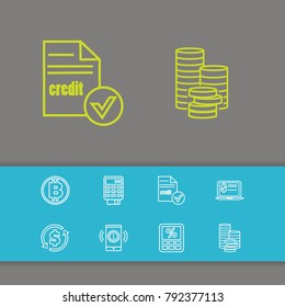 Finance icons set with mobile payment, money transfer and virtual banking elements. Set of finance icons and cash concept. Editable vector elements for logo app UI design.