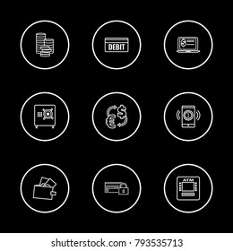 Finance icons set with mobile payment, virtual banking and bank atm elements. Set of finance icons and money exchange concept. Editable vector elements for logo app UI design.