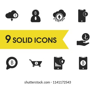 Finance icons set with mobile shield ethereum, businessman and litecoin cart elements. Set of finance icons and buy litecoin concept. Editable vector elements for logo app UI design.