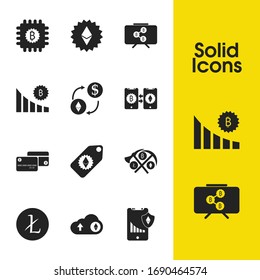 Finance icons set with mobile shield ethereum, work crypto and diagram elements. Set of finance icons and seminar concept. Editable vector elements for logo app UI design.