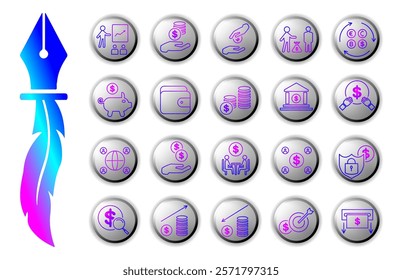 Finance icons set, modern blue and purple gradient line with white isolated button background, ideal for financial apps, business reports and digital marketing materials.