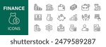 Finance icons set. Money, cash, bank, check, profit, payment, wallet. Business collection. Vector.