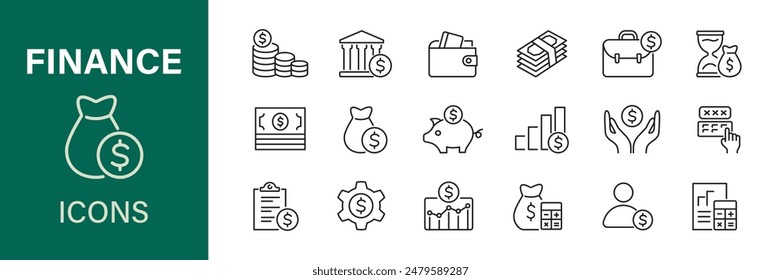 Conjunto de iconos de finanzas. Dinero, efectivo, banco, cheque, ganancia, pago, billetera. Colección empresarial. Vector.