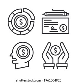 Finance icons set = money diagram, bank check, head money, hand money. Perfect for website mobile app, app icons, presentation, illustration and any other projects.