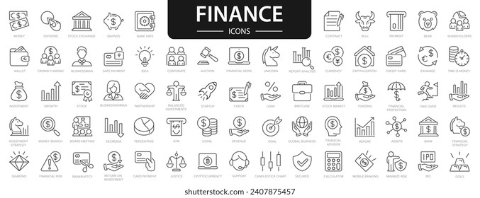 Juego de iconos de finanzas. Dinero, finanzas, pagos, cartera, cerdo, banco, icono de línea de cheque. Colección de iconos de esquema.