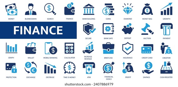 Finance icons set. Money, finance, payments, wallet, piggy, bank, check line icon. Flat style collection.