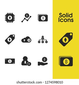 Finance icons set with note bircoin, structure bitcoin and uploading elements. Set of finance icons and earnings concept. Editable vector elements for logo app UI design.