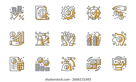 Finance icons set in outline stroke design for web. Pack line pictograms with money, search, financial idea, savings, earning, increase graph, payment, profit, piggy bank, other. Vector illustration.