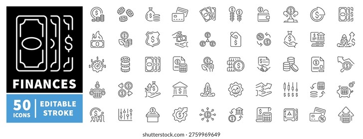Finance icons set: outline style, editable stroke for banking and money concepts