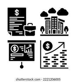 Finance icons set = portfolio, buildings, presentation board, coin market. Perfect for website mobile app, app icons, presentation, illustration and any other projects