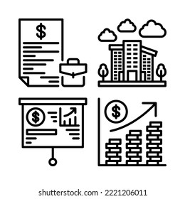 Finance icons set = portfolio, buildings, presentation board, coin market. Perfect for website mobile app, app icons, presentation, illustration and any other projects