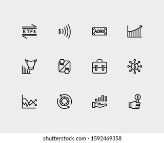 Finance icons set. Rally and finance icons with hedge funds, chip stocks and going long. Set of savings for web app logo UI design.