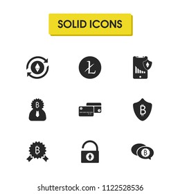 Finance icons set with safe bitcoin, mobile shield ethereum and bitcoin comment elements. Set of finance icons and chatting concept. Editable vector elements for logo app UI design.