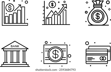 Finance Icons Set: A set of six sleek and modern line icons representing various aspects of finance and banking, including a bar graph with an upward arrow, a money bag, a bank building.
