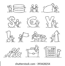 Finance icons set of sketch working little people with money, currency. Doodle cute miniature scenes of workers. Hand drawn cartoon vector illustration for business and finance design, infographic.