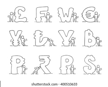 Finance icons set of sketch working little people with currency. Doodle cute miniature scenes of workers. Hand drawn cartoon vector illustration for business and finance design, infographic.