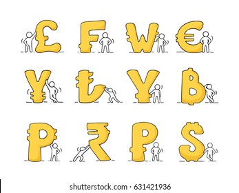 Finance icons set of sketch working little people with currency. Doodle cute miniature scenes of workers. Hand drawn cartoon vector illustration for business and finance design, infographic.