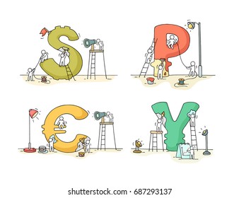 Finance icons set of sketch working little people with currency. Doodle cute miniature scenes of workers. Hand drawn cartoon vector illustration for business and finance design, infographic.