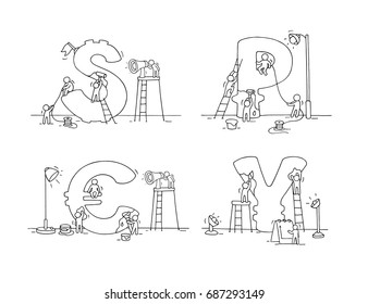 Finance icons set of sketch working little people with currency. Doodle cute miniature scenes of workers. Hand drawn cartoon vector illustration for business and finance design, infographic.