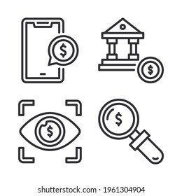 Finance icons set = smartphone, bank, eye target, search money. Perfect for website mobile app, app icons, presentation, illustration and any other projects.